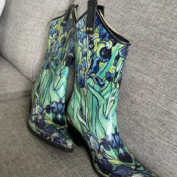 Nomad Green Floral Rubber western style pull on Rain boots w block heels sz 9 - Picture 4 of 9